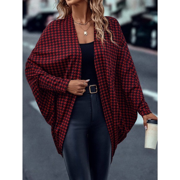 Houndstooth Batwing Sleeve Open Front Coat cardigan black white - Picture 4 of 5
